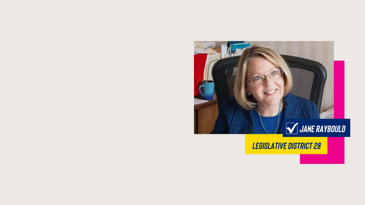 Jane Raybould, candidate for Legislative District 28 who will protect safe, legal abortion, smiles at her desk. Photo is in collage with pink and yellow squares.